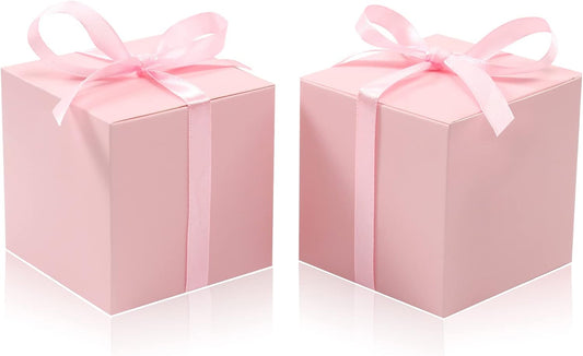 COTOPHER 100pcs Wedding Favor Boxes, Paper Gift Boxes 3x3x3 Inches Small Gift Boxes with Ribbons Small Boxes for Gifts, Crafting, Cupcake, Candy, Bridesmaid Proposal Boxes，Easy Assemble Boxes (Pink,