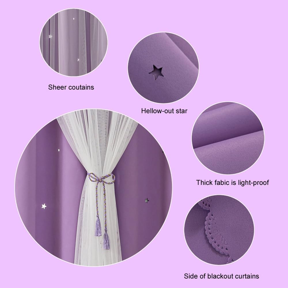 Ombre Rainbow Blackout Curtains for Kid Girls Bedroom Living Room Darking Stripe Double Layer Star Cut Out Wall Home Decor Gradient Grommet Window Curtains (Purple 95L)