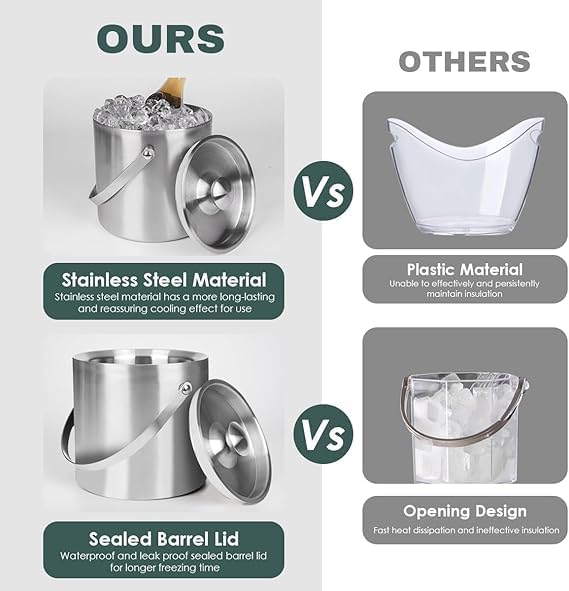 DREAMYO 3L Double Wall Insulated Stainless Steel Ice Bucket with scoop for Cocktail Bar,Metal Ice Bucket for freezer with Lid for parties.ice Container,bar cart accessories(Silver)