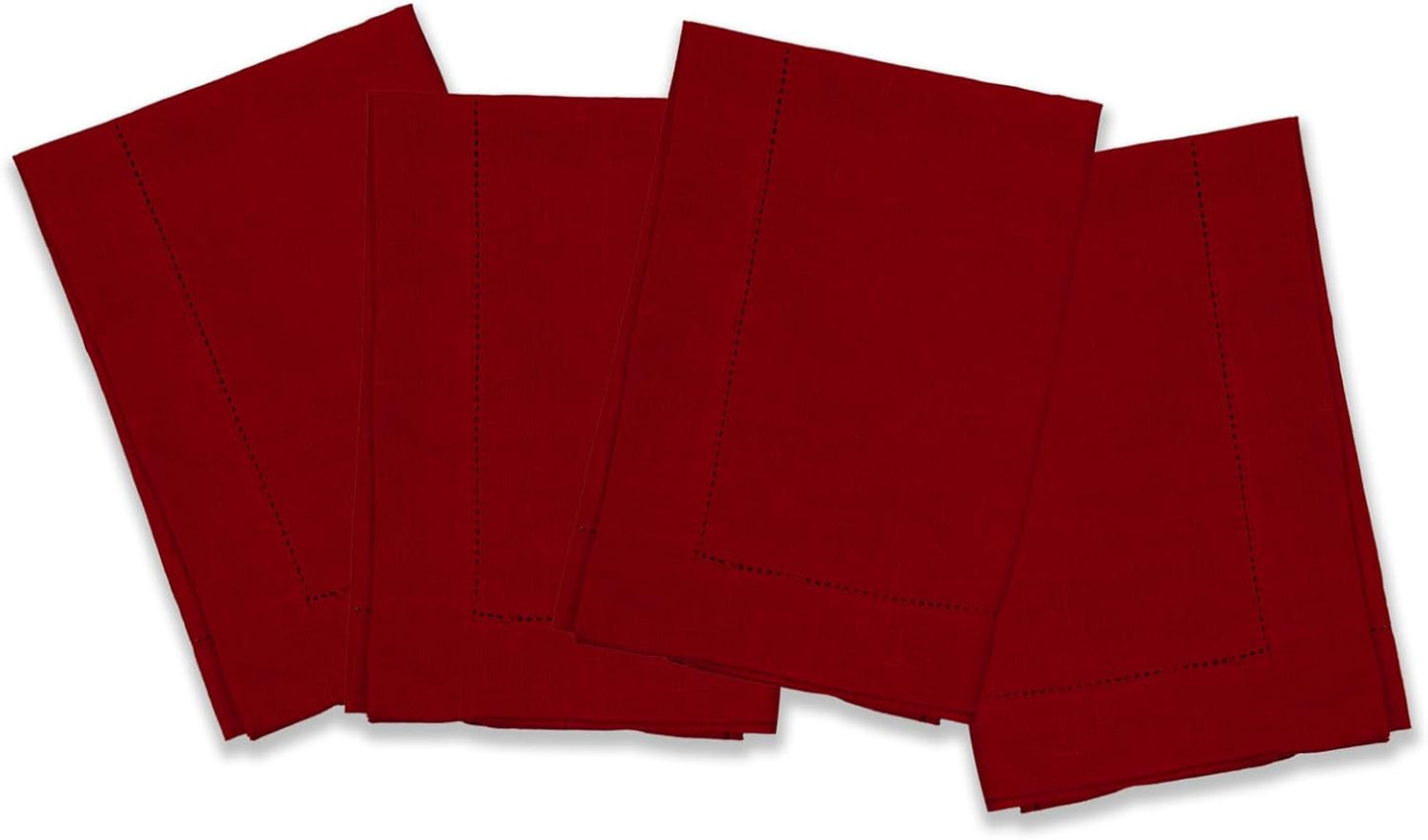 100% Pure Linen Red Napkins 20 x 20 Inch - Hemstitch Christmas Dinner Napkins Set of 4 - Cloth Fabric Napkins for Thanksgiving, Winter, New Year - Elara