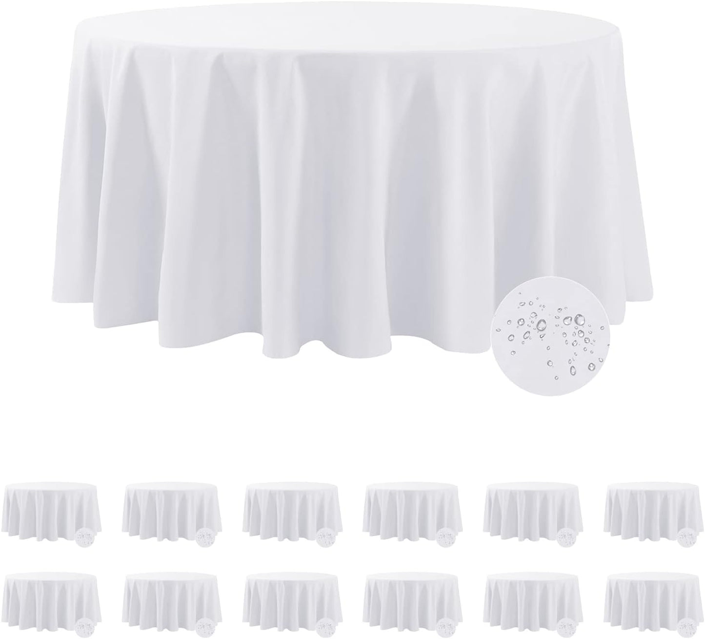 Fokitut 12 Pack Waterproof Round Tablecloth, 132 Inch, Stain Resistant and Wrinkle Polyester Table Cloth, Fabric Table Cover for Kitchen Dining, Wedding, Party, Holiday Dinner-White