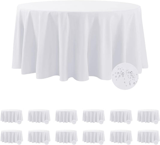 Fokitut 12 Pack Waterproof Round Tablecloth, 108 Inch, Stain Resistant and Wrinkle Polyester Table Cloth, Fabric Table Cover for Kitchen Dining, Wedding, Party, Holiday Dinner-White