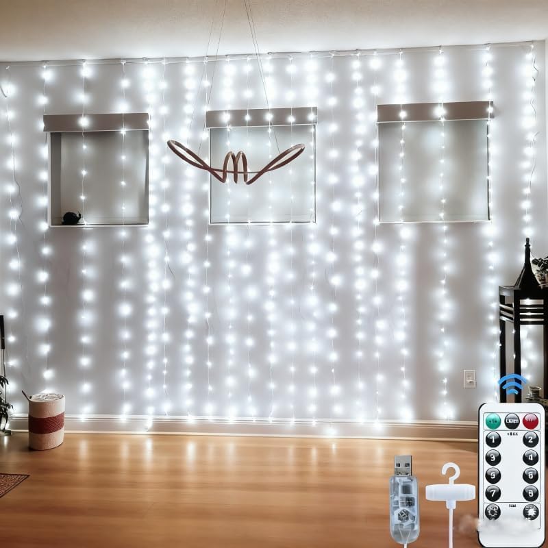 300LED Fairy Curtain Lights, 9.8x9.8Ft Warm White USB Plug in 8 Modes & Timer Christmas String Hanging Lights with Remote for Bedroom Indoor Outdoor Weddings Party Wall Decorations(White)