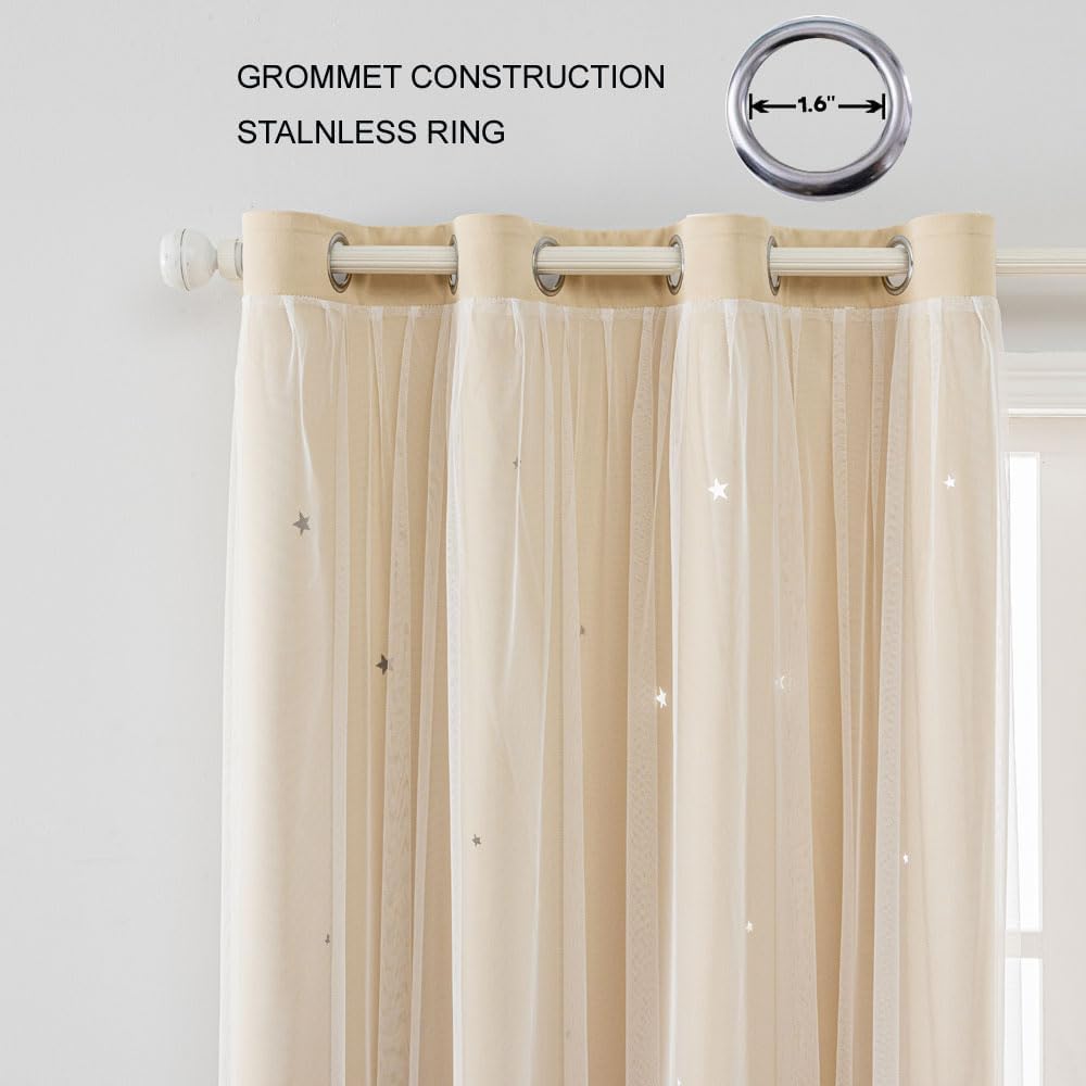 FANLI 2 Panels Star Blackout Curtains for Kid Girls Bedroom Living Room Darking Stripe Double Layer Star Cut Out Wall Home Decor Gradient Grommet Window Curtains (Beige 63L)