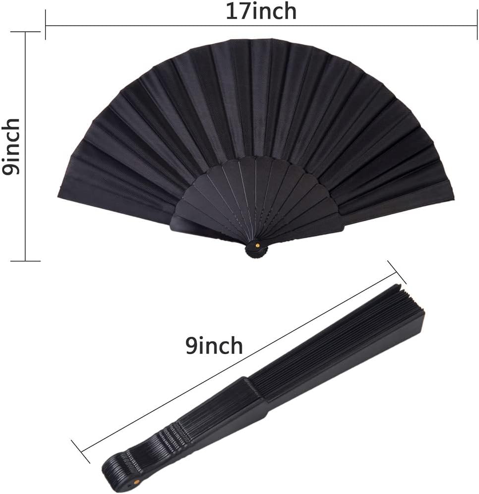 HUNANBANG 1 Dozen 12 Pieces Folding Hand Fans Church Wedding Gift, Party Favors, DIY Decoration Gift Size9 Wholesale 12pack (Black)