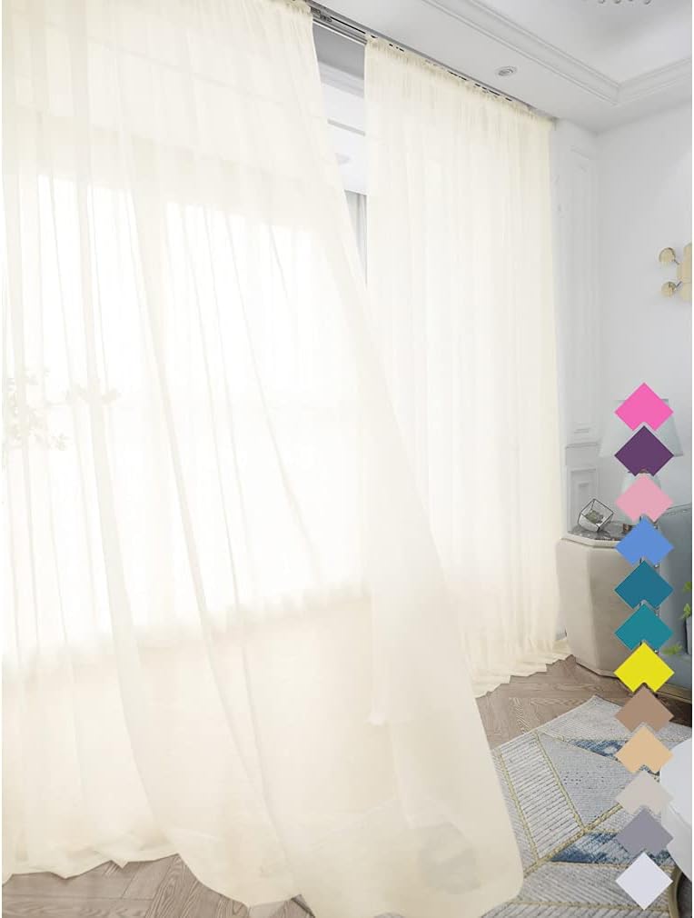 Window Beige Sheer Curtains 60 Inches Width 90 Inches Long 2 Panels Sheer Curtains Clear Curtains Basic Rod Pocket Panel for Home/Living Room/Bedroom/Kids Room