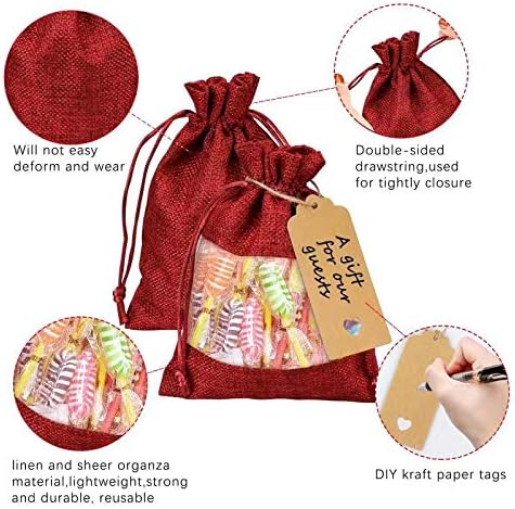 GIOIPC 50Pcs 5 x 7 Inch Linen Burlap Sheer Bags with Drawstring and Bonus Gift Tags for Wedding Birthday Bag,Craft Bags,Cosmetic Samples