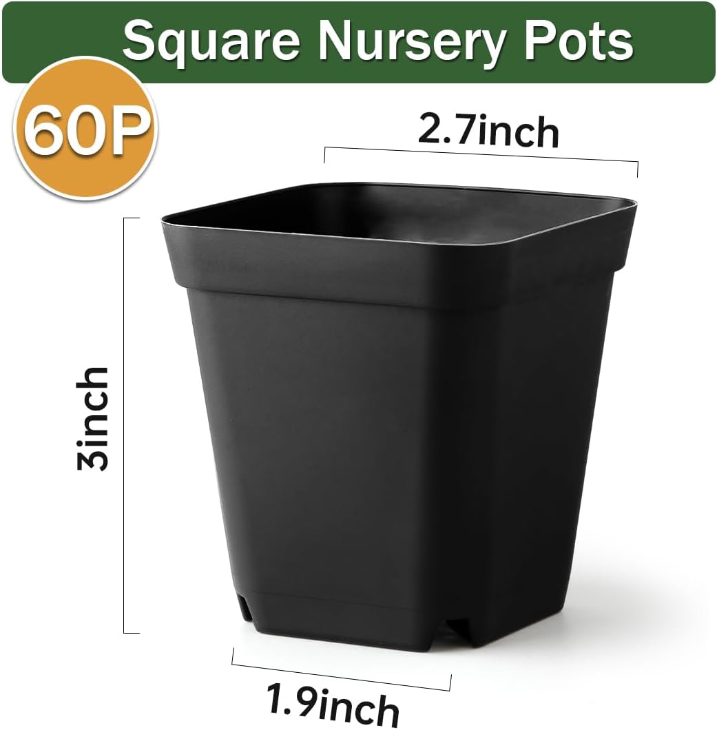 60 Pcs Nursery Pots 2.7 Inch, Plastic Seed Starting Pot with Drainage Holes, Sturdy Seedling pots for Planting, Cuttings (Black)