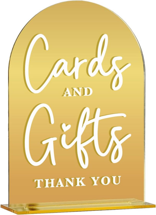 Acrylic Wedding Sign, Bridal Shower Decorations, Cards and Gifts Sign for Ceremony, Modern Font Table Signs, Gold Mirror Arched Acrylic Tabletop Signs for Wedding Reception and Event Party