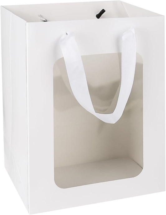 MOXARYSU 3 Pcs White Gift Bags with Clear Window: 9.8x5.1x7.1 Inch Medium Kraft Paper Bags with Handle For Party Business Birthday Wedding (White,3p)