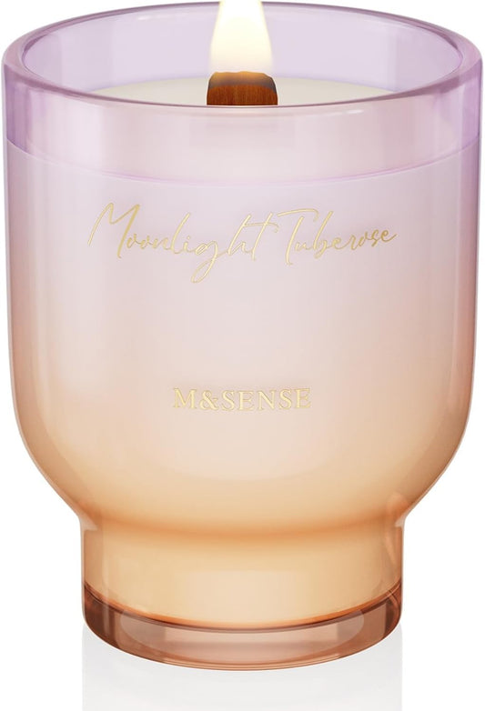 M&SENSE 16.6oz Natural Soy Large Jar Candle with Wooden Wick | Moonlight Tuberose Scent | 95-Hour Burn & Long-Lasting Burn | Housewarming Gift for Men and Women