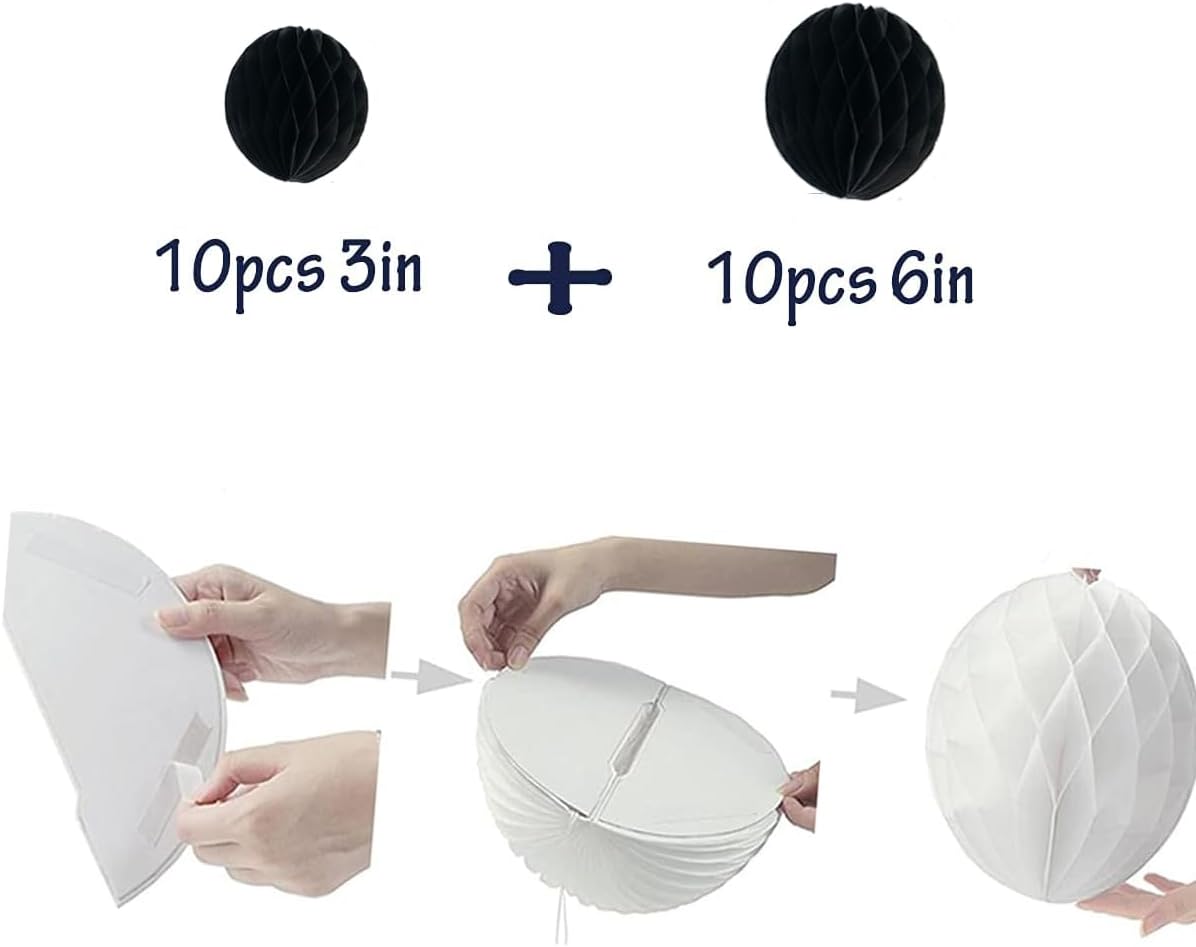 20pcs Honeycomb Flower Balls Party Honeycomb Balls Decoration Paper Flower Balls Tissue Paper Flower Ball Pom Poms Ball for Birthday Wedding Home Decor (3inch+6inch, Black)