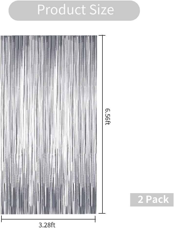 BEISHIDA 2 Pcs Silver Door Streamers Tinsel Curtain Party Streamers Backdrop Fringe Foil Wall Background for Birthday Halloween Christmas Wedding Party Decoration(3.28 ft x 6.56 ft)