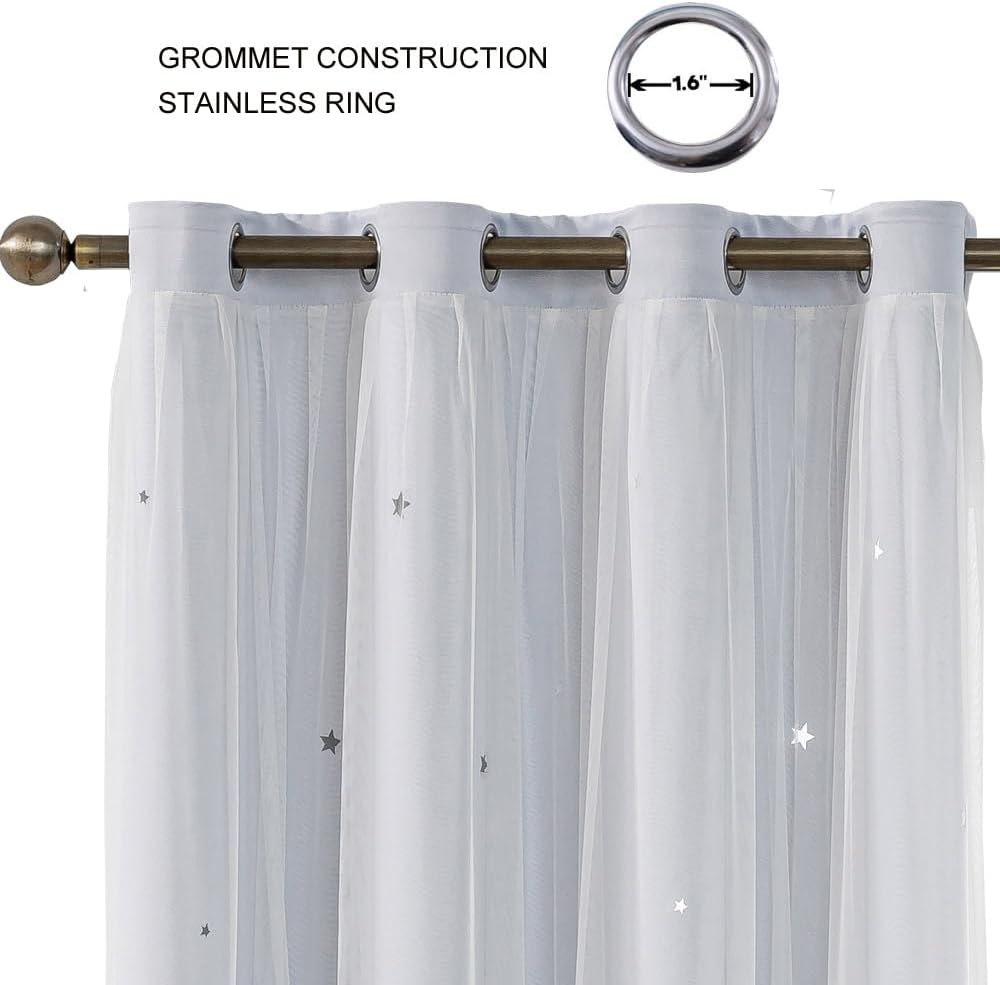 Ombre Rainbow Blackout Curtains for Kid Girls Bedroom Living Room Darking Stripe Double Layer Star Cut Out Wall Home Decor Gradient Grommet Window Curtains (Greywish White 63)