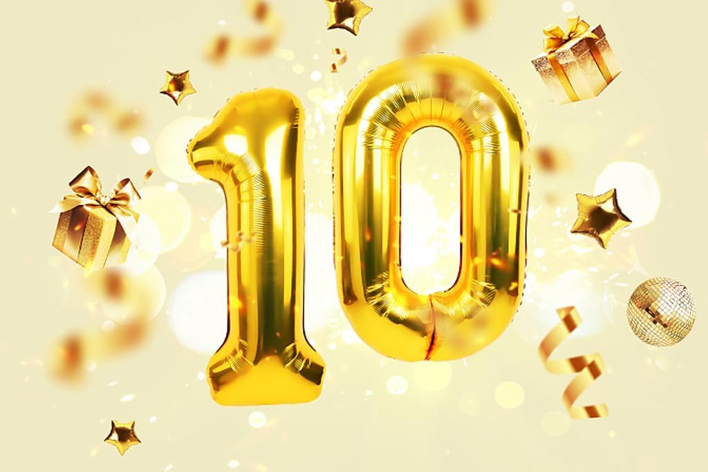 Gold Mylar Number 10 Balloon 40 inch, Number 10 Birthday Balloon for Boy Girl, Gold Foil Balloon for 10 Ten Birthday Party, Anniversary Celebration Number Balloons Decorations