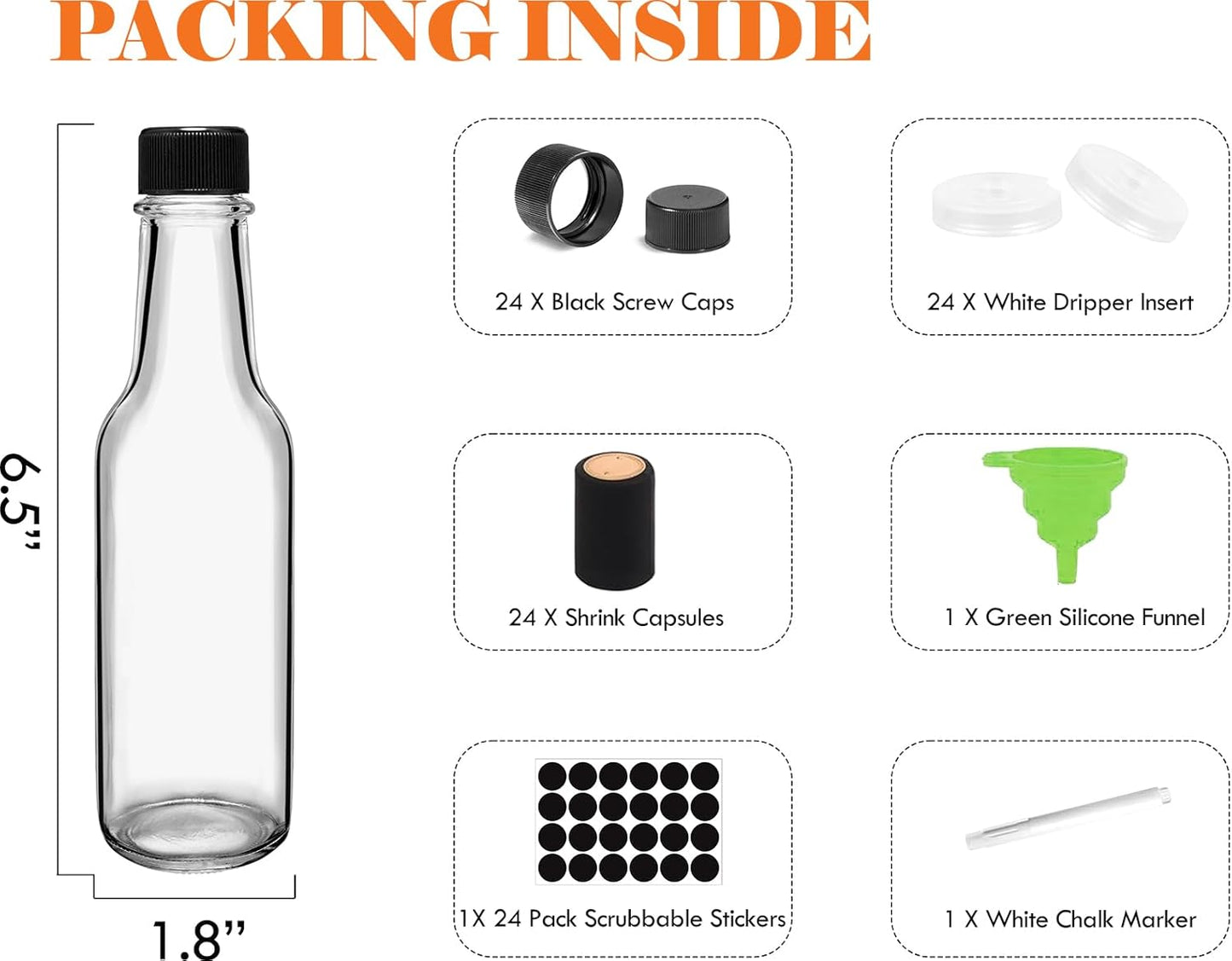 Ahhute Sauce Bottles, 5oz Small Olive Oil Bottles with Shrink Capsules, Mini Vanilla Wine Bottle for Wedding Favors Gifts, Glass Hot Sauce Bottles w/Black Caps and Silicone Funnel, Set of 24