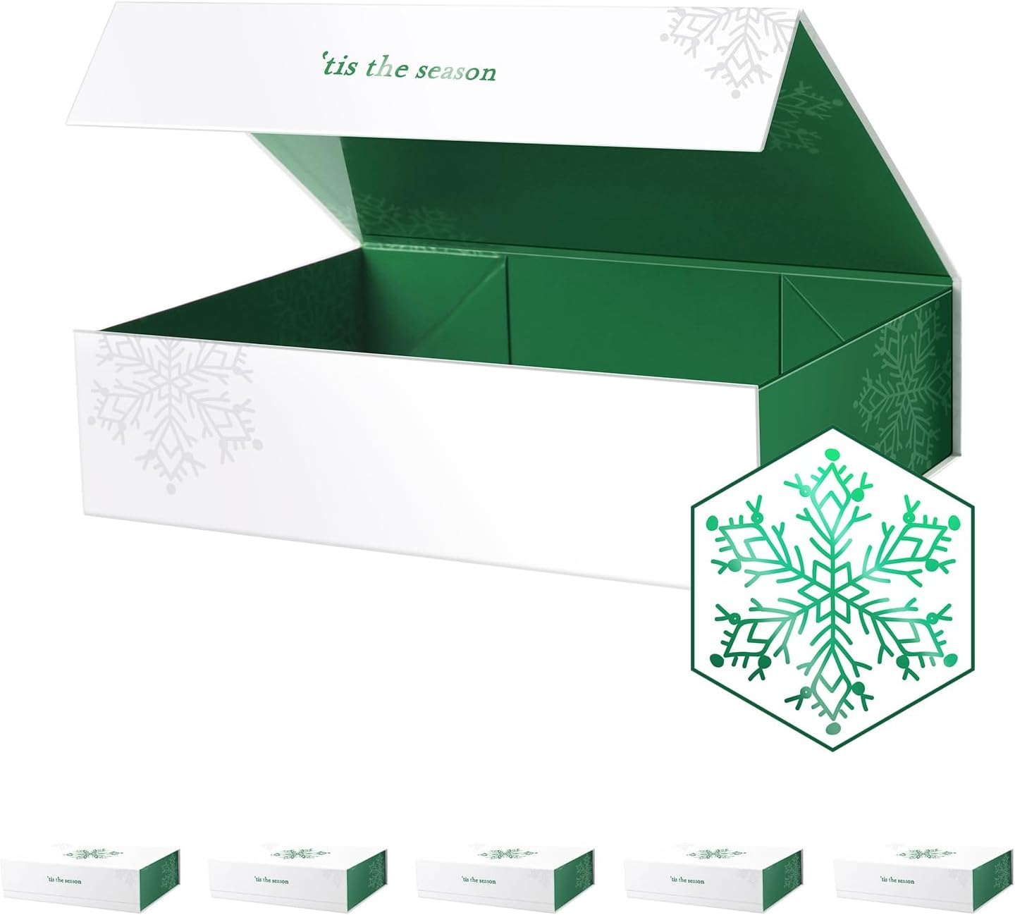PACKHOME 6 Christmas Gift Boxes 13x9.7x3.4 Inches, Large Gift Boxes with Lids, Sturdy Shirt Boxes with Magnetic Lids for Wrapping Gifts (Green Snowflake Pattern)