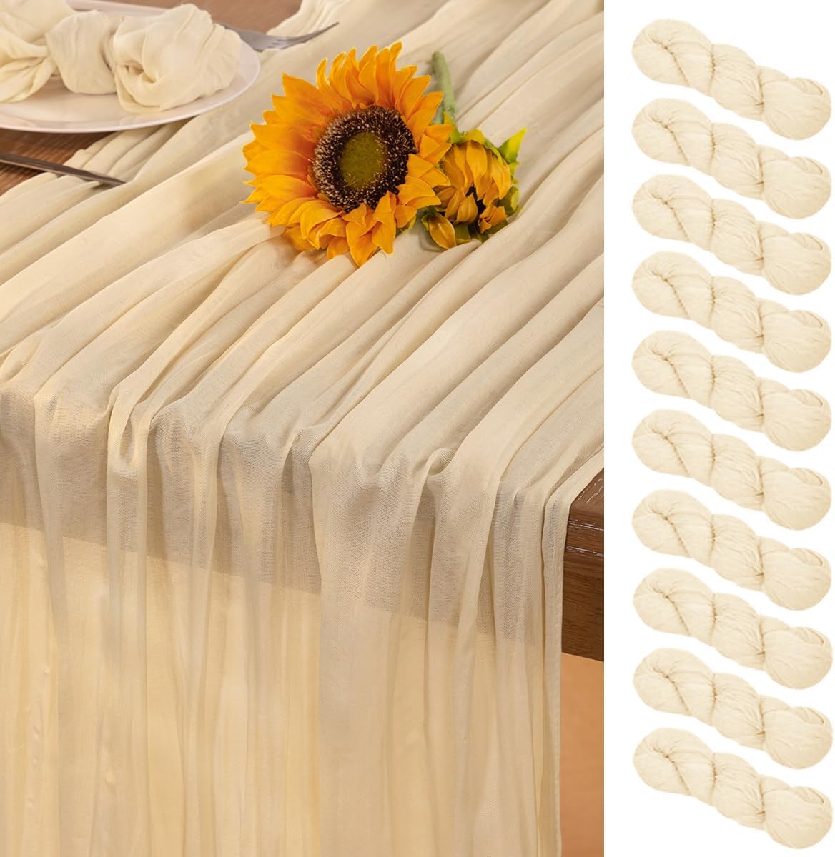 Beige Cheesecloth Table Runner 10 Pack Fall Table Runners 120 Inches Boho Gauze Cream Cheese Cloth Fall Table Decorations for Thanksgiving Wedding Bridal Baby Shower Garden Party Decor