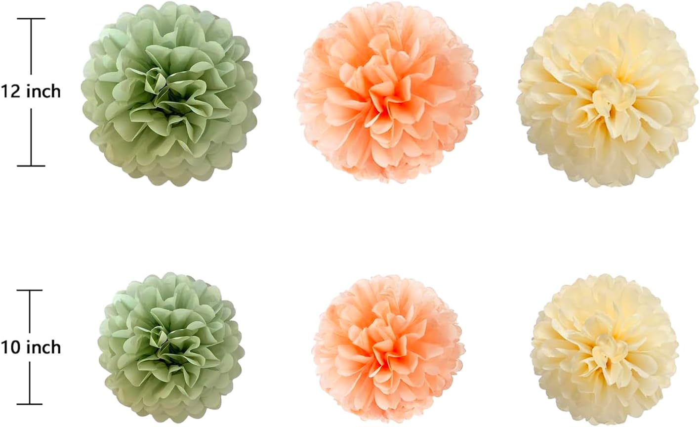 ZOOYOO Sage Green and Pink Cream Party Decoration - Green and Peach Tissue Paper Pom Poms for Bridal Shower, Birthday, Anniversary - 12PCS