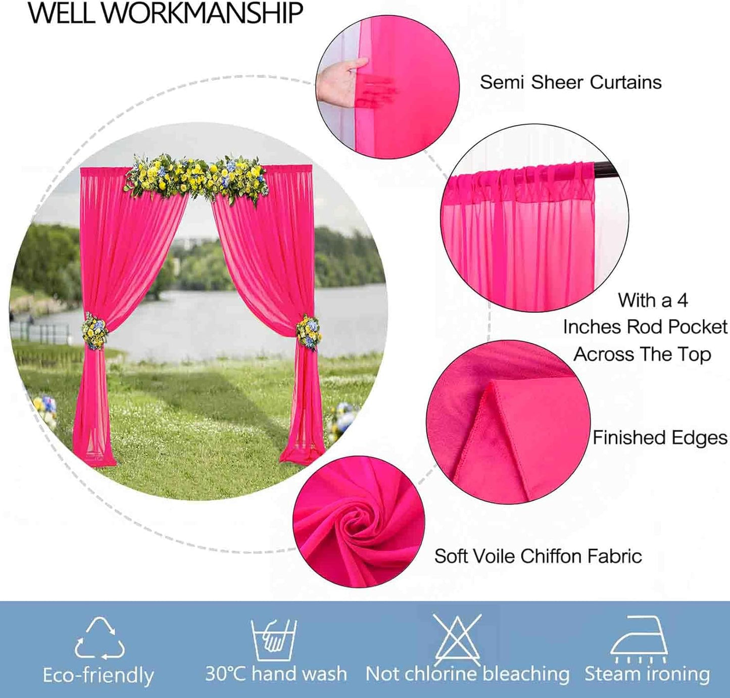 DUOBAO Fuchsia Wedding Backdrop Curtains 2-Pack 96 Inch Long Chiffon Curtain Panels with 4 Inch Rod Pockets for Windows Voile Drapes Treatment Ceremony Sheer Photography Backdrops(5FTx8FT Hot Pink)