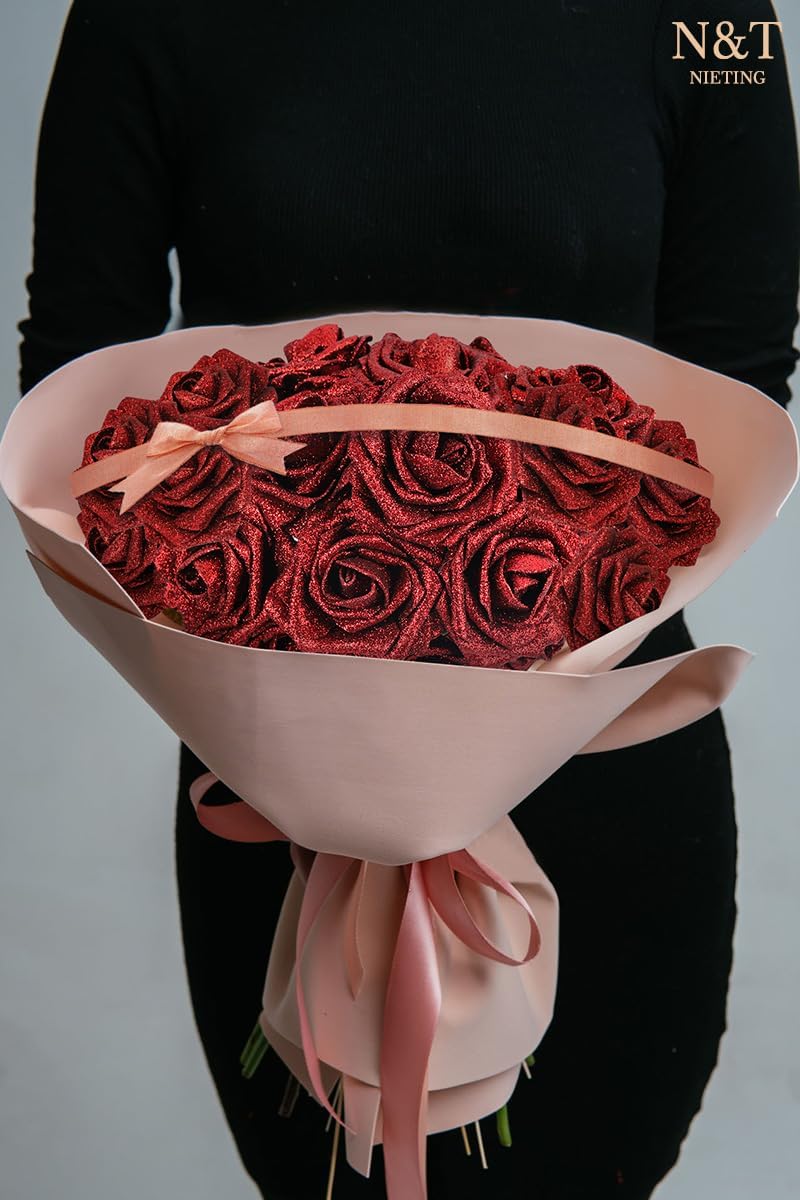 N&T NIETING Artificial Flowers Glowing Red Flowers Foam 50pcs Glitter Roses Real Looking Fake Roses with Stem for DIY Wedding Bouquets Centerpieces Bridal Shower Party Mother's Day Home Decorations