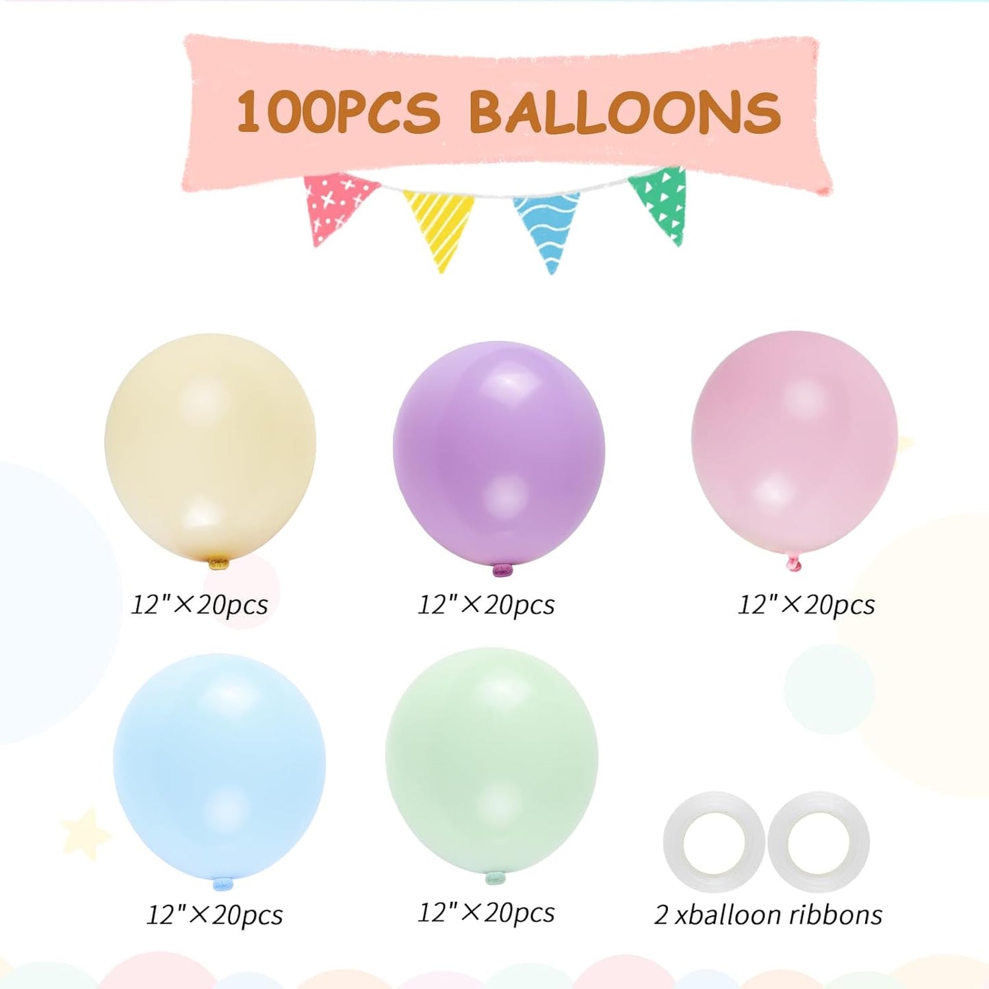 100-Pack Mix Macaron Balloons Kit, Helium Quality Paetel Pink Blue Purple Green and Yellow Latex Balloons for Birthday, Baby Shower, Spring Daisy Floral Theme Party Decoration
