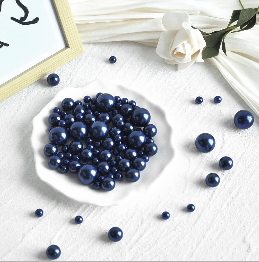 260Pcs Navy Blue Glossy Beads for Centerpiece Decor, Artifical Pearls Vase Filler, No Hole Round Pearl Beads for Wedding Birthday Christmas Party Home Decor(18mm 14mm 6mm)