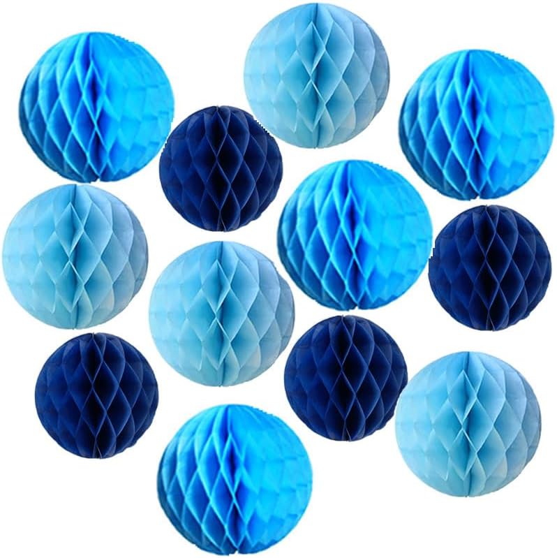 12pcs Party Honeycomb Balls Decorations 3'' 6'' 8'' Honeycomb Flower Tissue Pom Poms Flower Balls Hanging Flower Balls for Baby Shower Birthday Wedding Nursery Decor(3'' 6'' 8'' Blue kit)