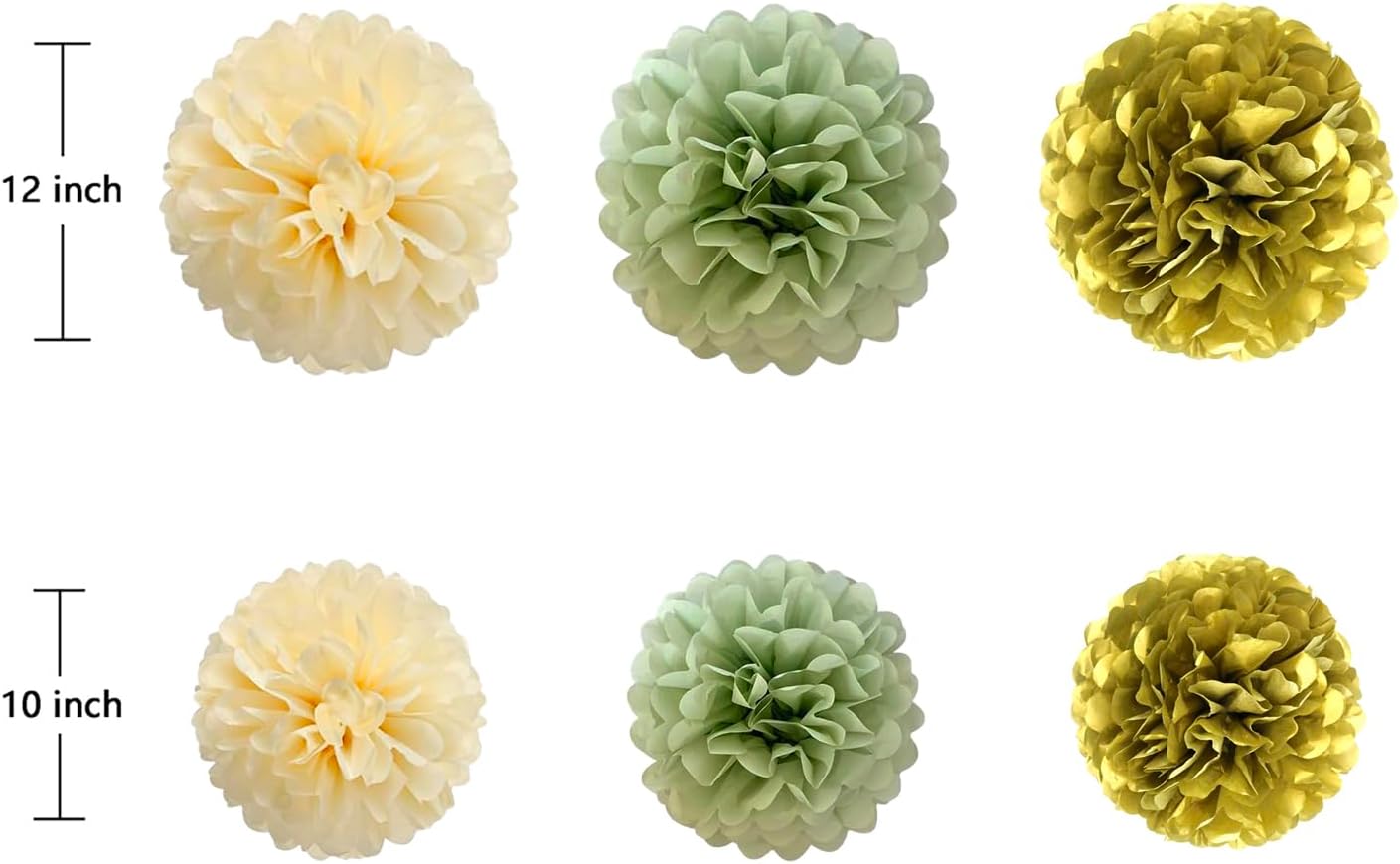 ZOOYOO Green Gold Paper Pom Poms, Sage Cream Gold Party Decoration, Green Cream Tissue Paper Pom Poms Decorations for Bridal Shower Eucalyptus Party Birthday Anniversary 12PCS