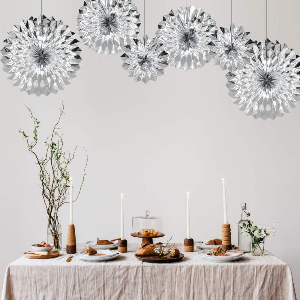 Hanging Paper Fans Party Set, Silver Round Pattern Paper Garlands Decoration for Birthday Baby Shower Graduation Retirement, Set of 6