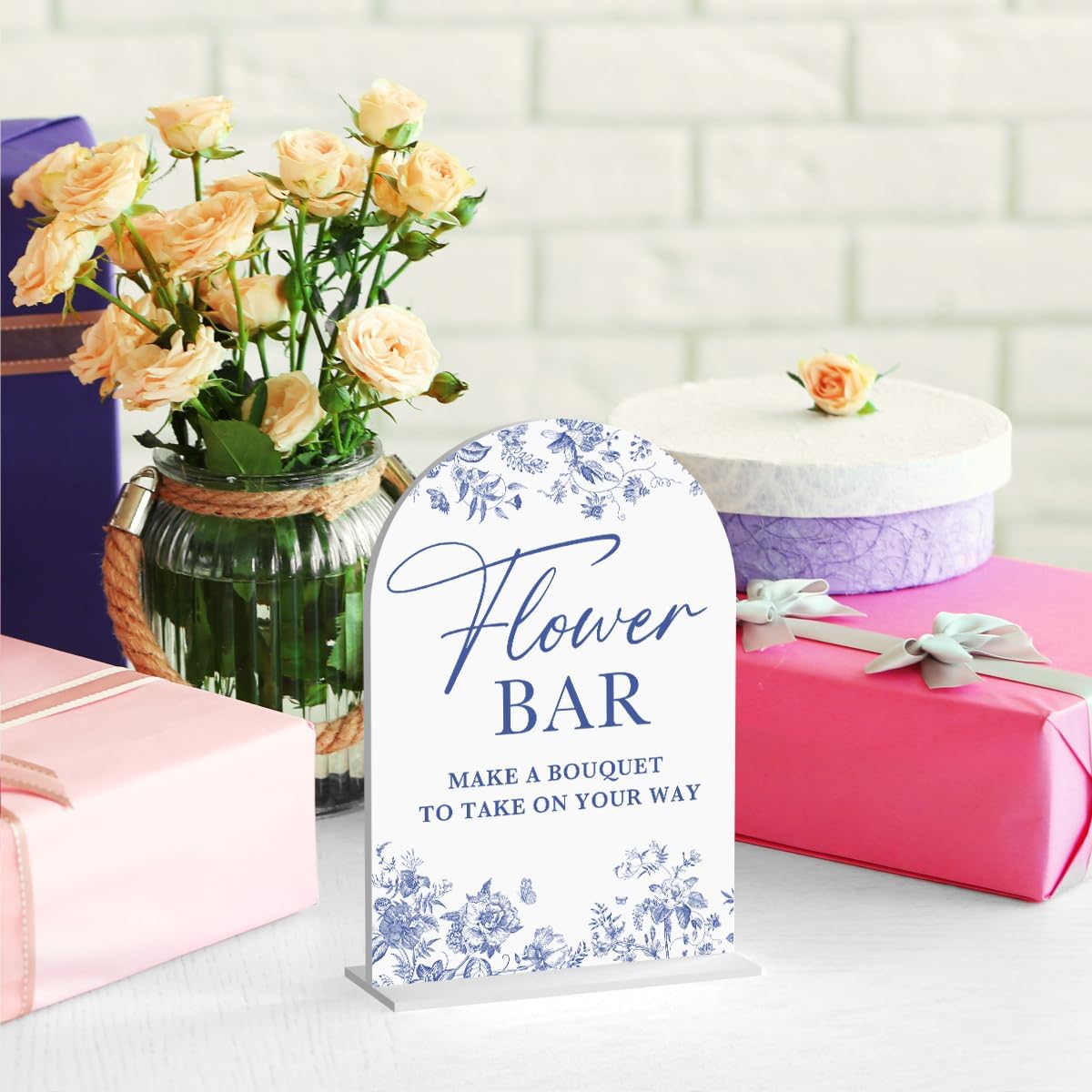 Acrylic Wedding Signs, Dusty Blue Wedding Decor, Flower Bar Desk Decor, Flower Bar Signs for Reception, Modern Calligraphy Arch Acrylic Table Top Sign for Weddings Parties Dinners (White)