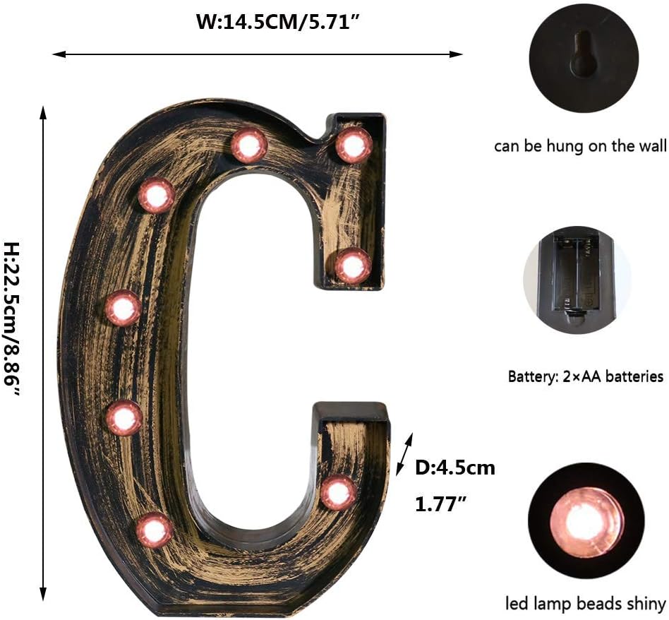 OYCBUZO Golden Black Led Marquee Letter - Industrial, Vintage Style Light Up Alphabet Letter Sign for Cafe Wedding Birthday Party Christmas Lamp Home Bar Initials Decor - C