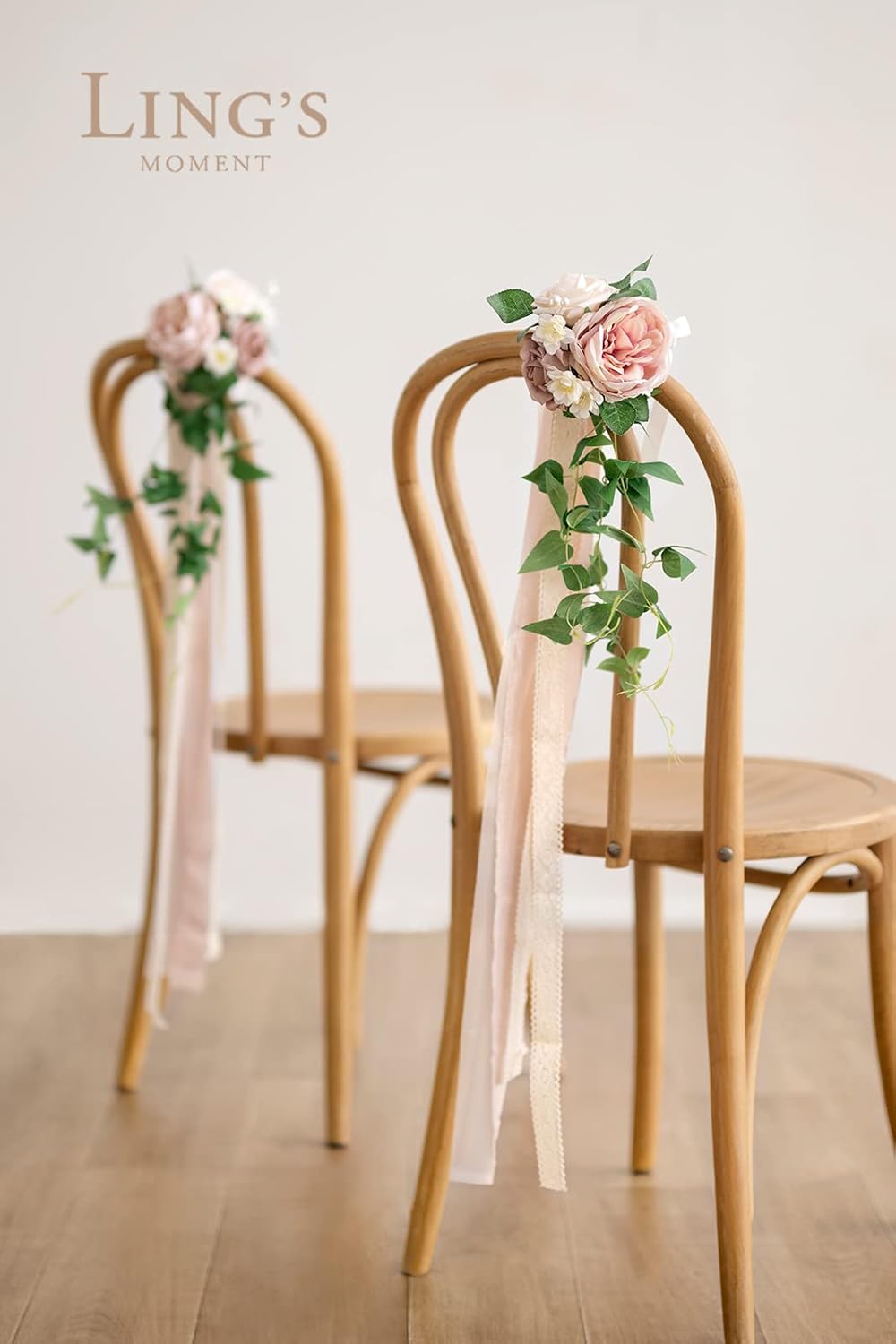 Ling's moment 8pcs Wedding Artificial Aisle Pew Flowers Chair Decorations Arrangements with Chiffon Ribbons Dusty Rose Cream for Ceremony Chair Back Floral Decor Reception Church Party Outdoor