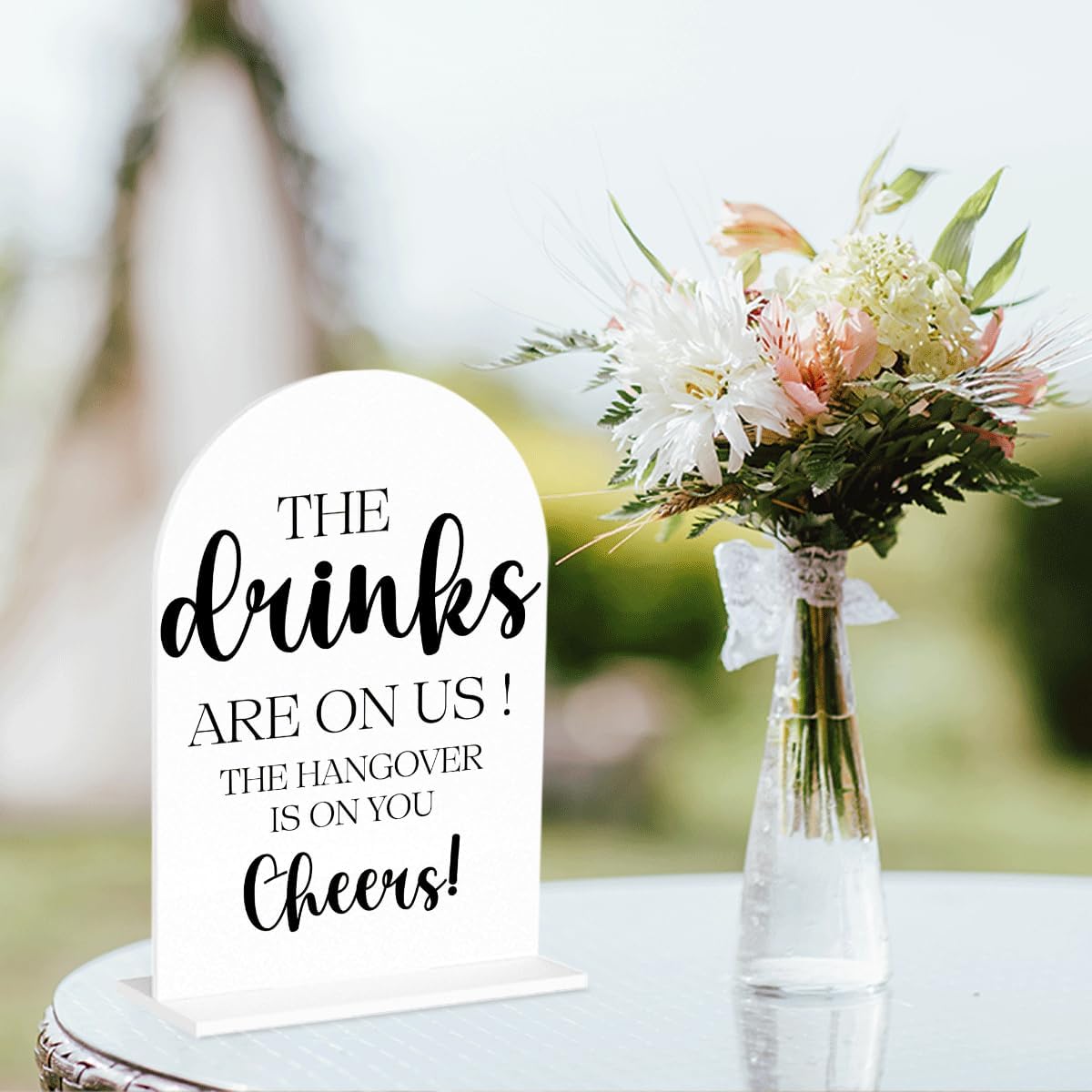 The Drinks are on Us Sign, Open Bar Signs, Wedding Engagement Bridal Shower Party Decor for Reception Ceremony, Weddings Table White Acrylic Sign