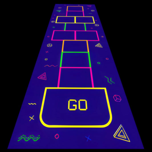 Haull 118 x 39 Inch Neon Light up Dance Floor Glow in The Dark Runner UV Reactive Blacklight Floor Aisle Runner Decor Wall Props for 80s 90s Neon Birthday Party Decorations(Hopscotch)