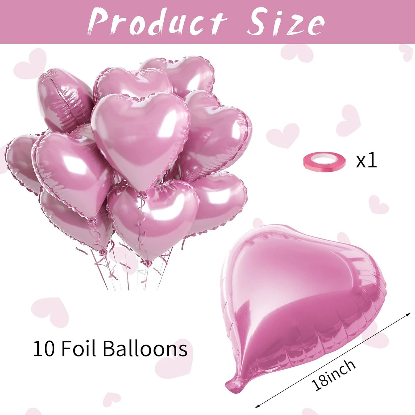 Biapian Pink Foil Heart Balloons, 10PCS Pink Heart Shape Balloons, Valentines Balloons 18inch Pink Love Foil Balloons for Helium Birthday Decorations for Valentines Day, Wedding Party, Anniversary