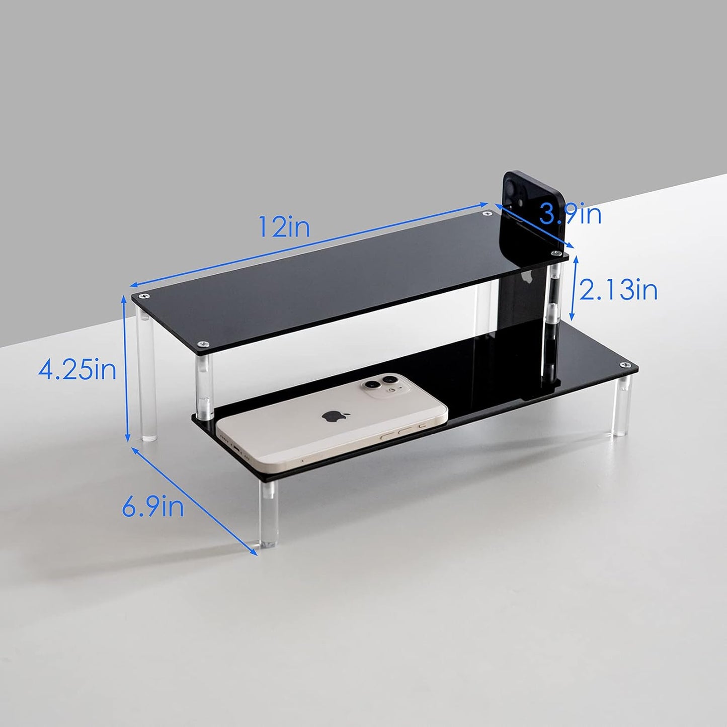 BYCY Acrylic Black 2-Tier Riser Display Shelf for Figures, Desserts Holder, Collections Organizer and Cosmetic Items Shelf (2 Tier 12" X 6.9" X 4.25")…
