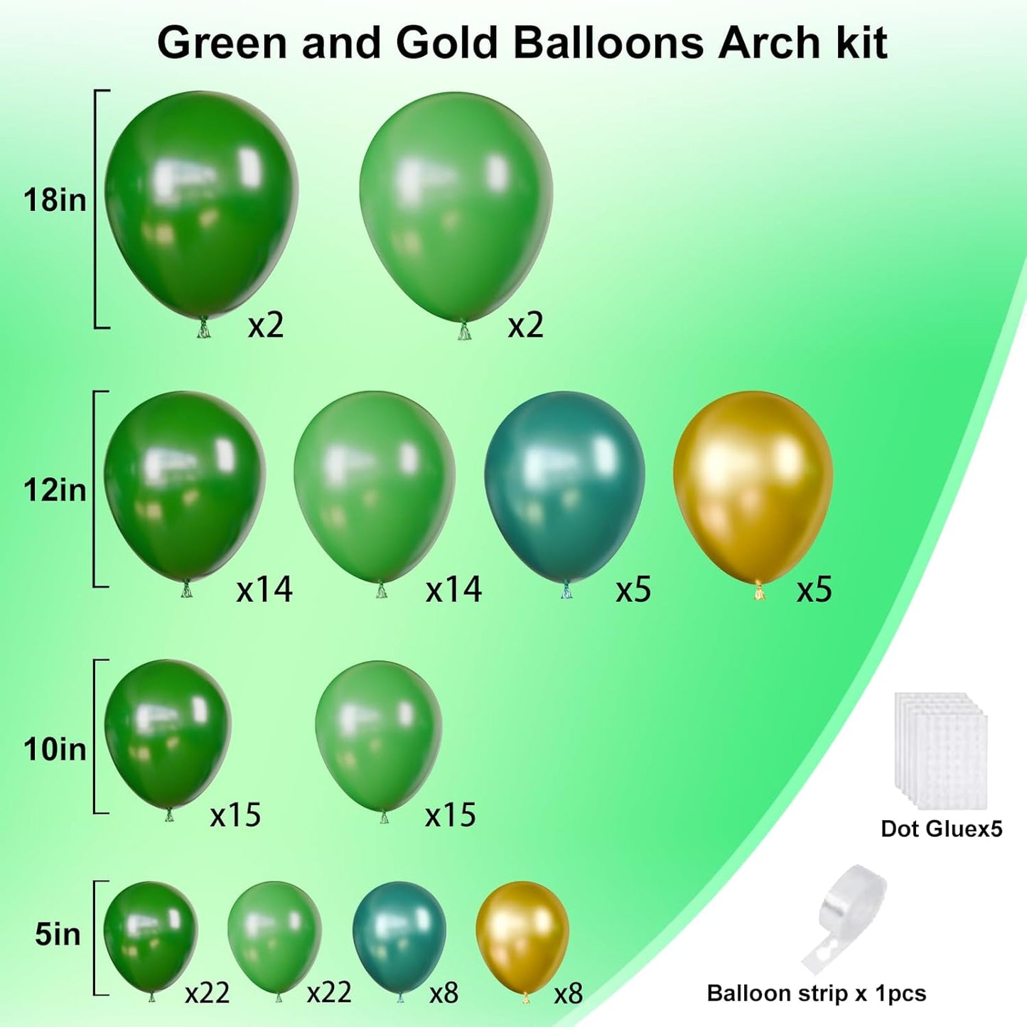 Green and Gold Balloons Garland Arch Kit, Green Balloon Arch Kit with Different Sizes for Graduation, St. Patrick's Day, Baby Shower, Birthday, Jungle Safari Party Decorations