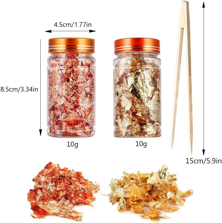 Gold Flakes for Resin, 2 Bottles 10g Imitation Golden Foil Gilding Flake Metallic Leaf for Cake Decoration Chocolate Making Nails Painting Art Crafts with Bamboo Tweezers (Gold, Copper Colors)