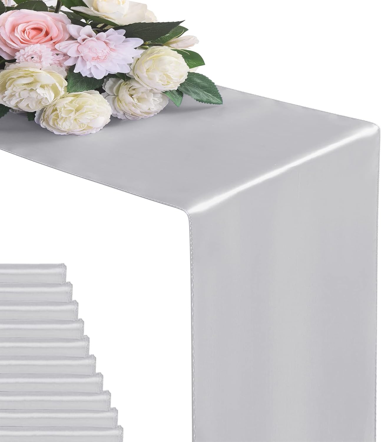 12Pack Table Runner 12 x 108 Inches Satin Silk Table Runner for Wedding, Birthday Party, Banquets, Graduations Decoration, fit Rectange and Round Table-Silver