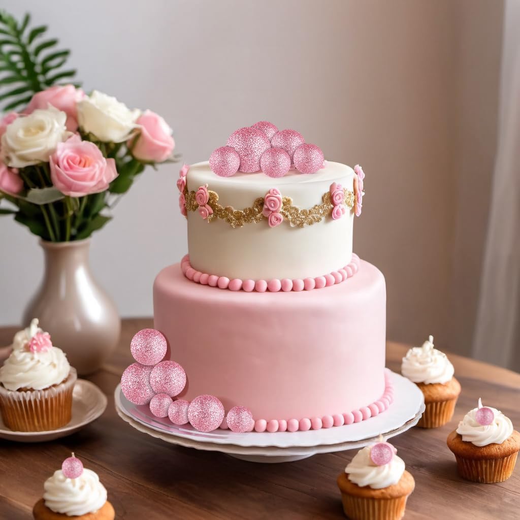 ASTARON 20 Pcs Mini Balloons Cake Topper Sticks Pink Glitter Balls Cake Picks for Wedding & Birthday