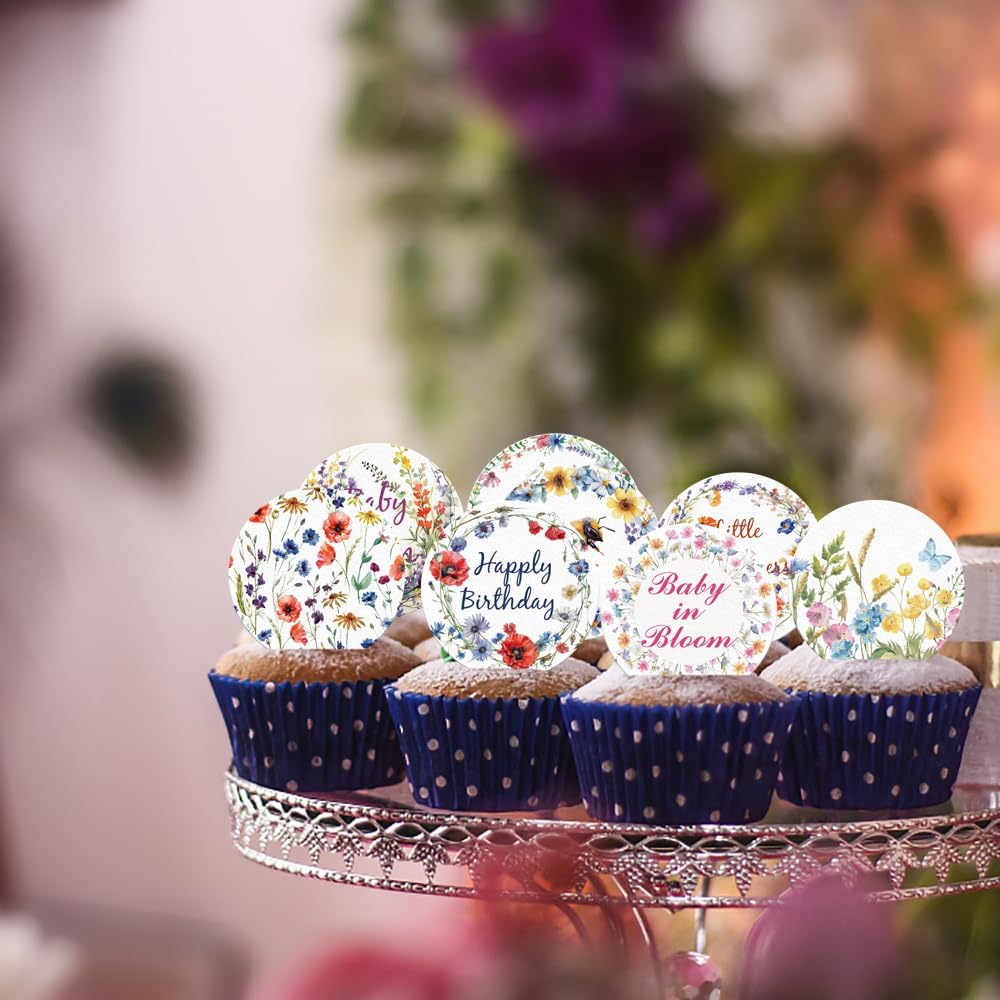 36PCS Edible Wildflower Cupcake Toppers Wafer Paper Baby in Bloom Baby Shower Decorations Flower Birthday Party Decorations Wildflower Cake Toppers for Birthday Party Supplies (Round)