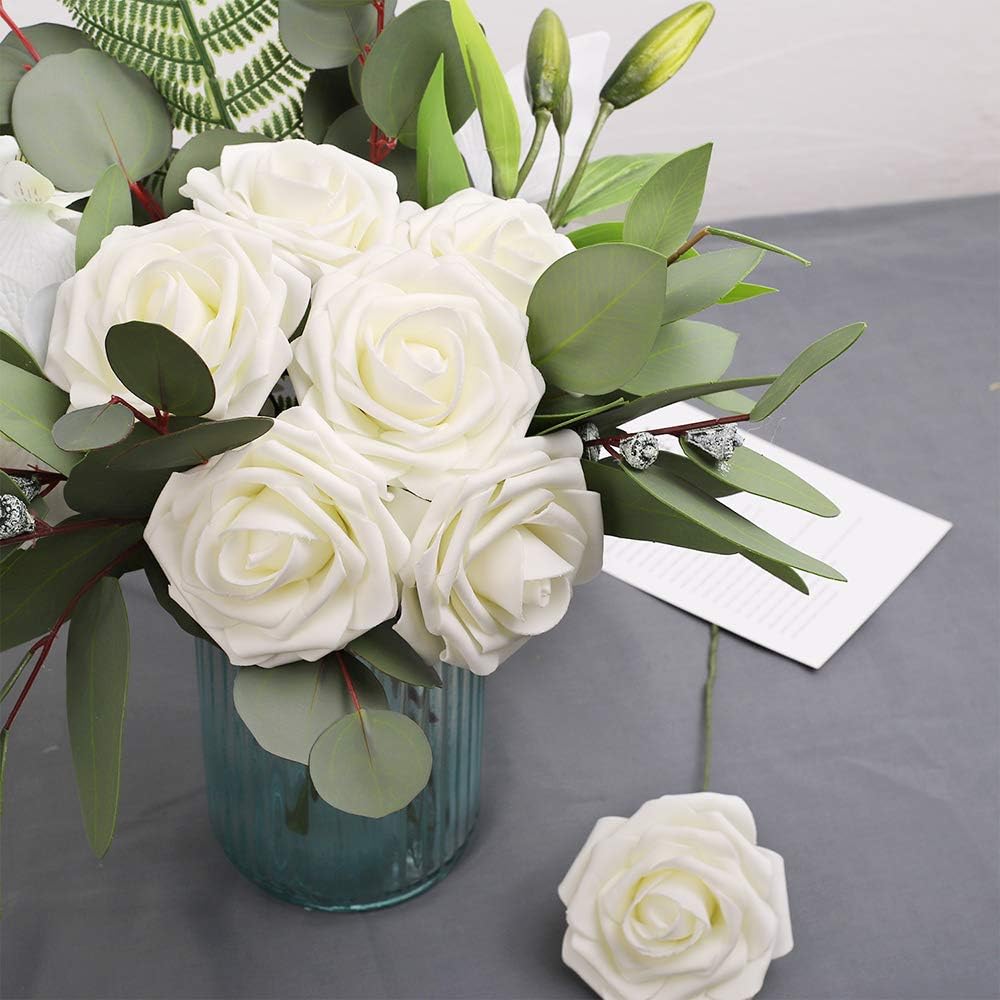 N&T NIETING Artificial Flowers, 25Pcs Fake Flowers Roses Perfect for DIY Wedding Bouquets Centerpieces Bridal Shower Party Home Flower Arrangement Decorations, Ivory
