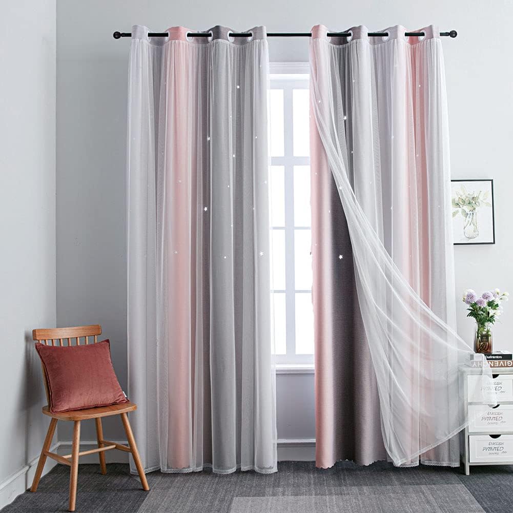 FANLI Ombre Rainbow Blackout Curtains for Kid Girls Bedroom Living Room Darking Stripe Double Layer Star Cut Out Wall Home Decor Gradient Grommet Window Curtains (Pink/Grey, 52W x 72L)