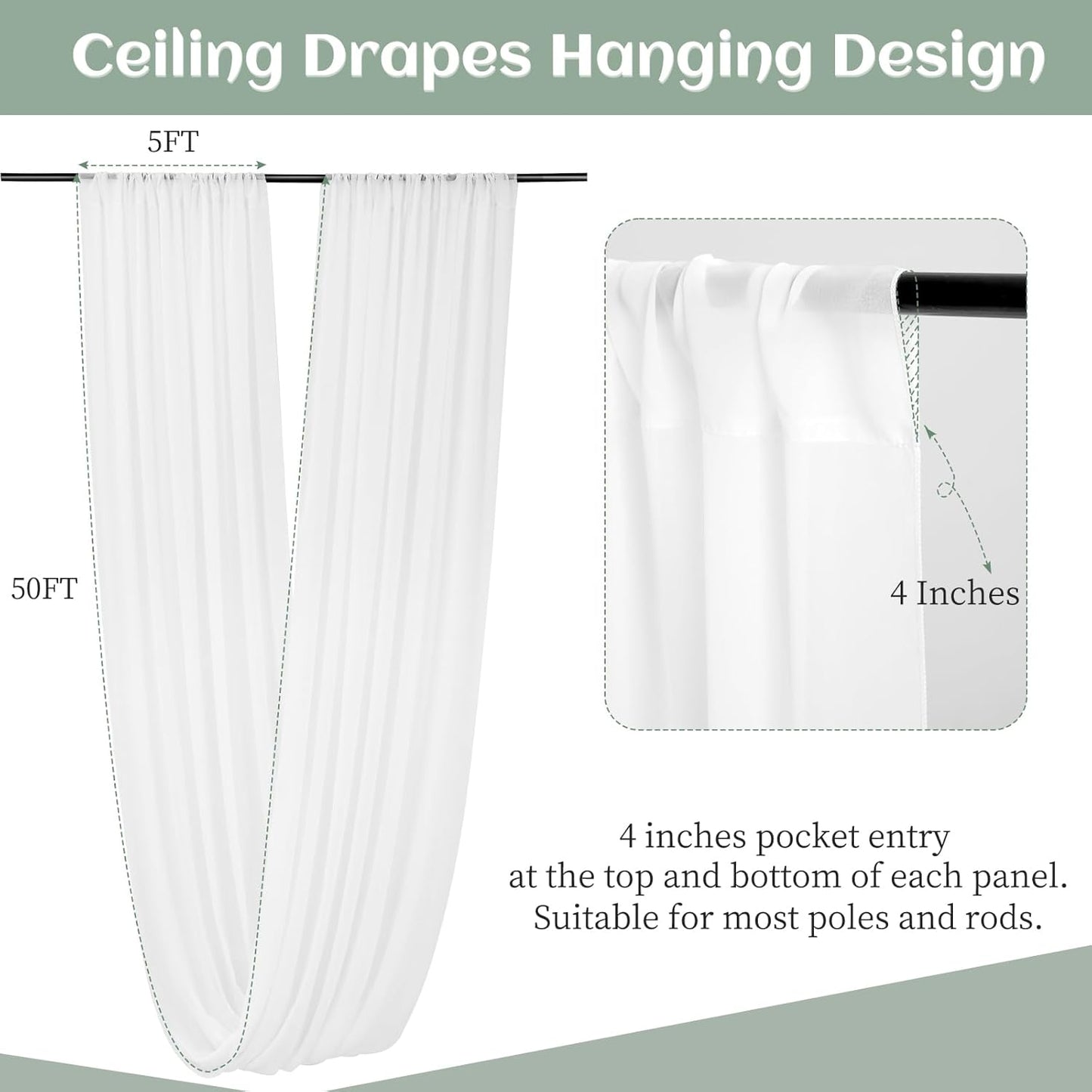 6 Panels White Wedding Ceiling Drapes 5ftx50ft Ceiling Drapes Chiffon Fabric Arch Draping Sheer Curtains Soft Drapery Draping Wedding Ceiling Decorations for Party Ceremony Stage Swag