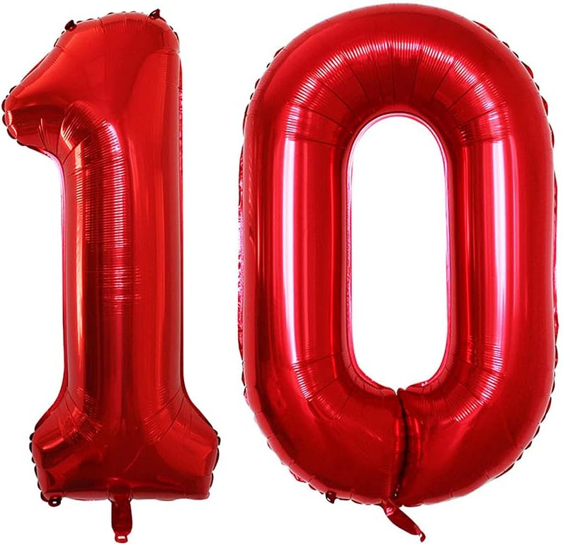 GOER Number 10 Balloons for 10th Birthday Party Decorations,42 Inch Jumbo Foil Helium Balloons for 10th Anniversary (Red)