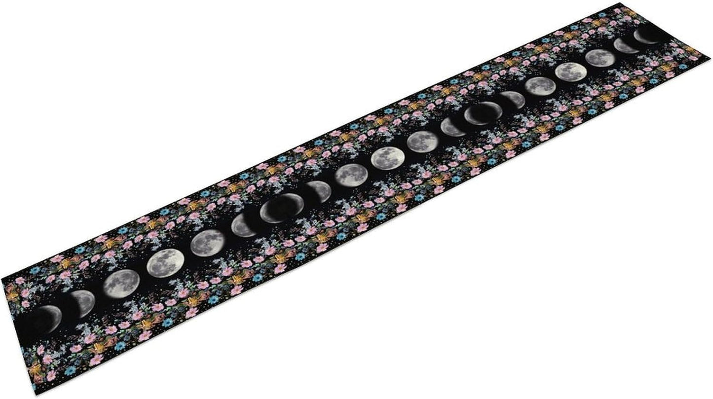Boho Floral Moon Table Runner, Spring Flower Leaves Mystical Gothic Sun Moon Table Runner for Kitchen Dining Table Home Party,13x90 Inch Purple