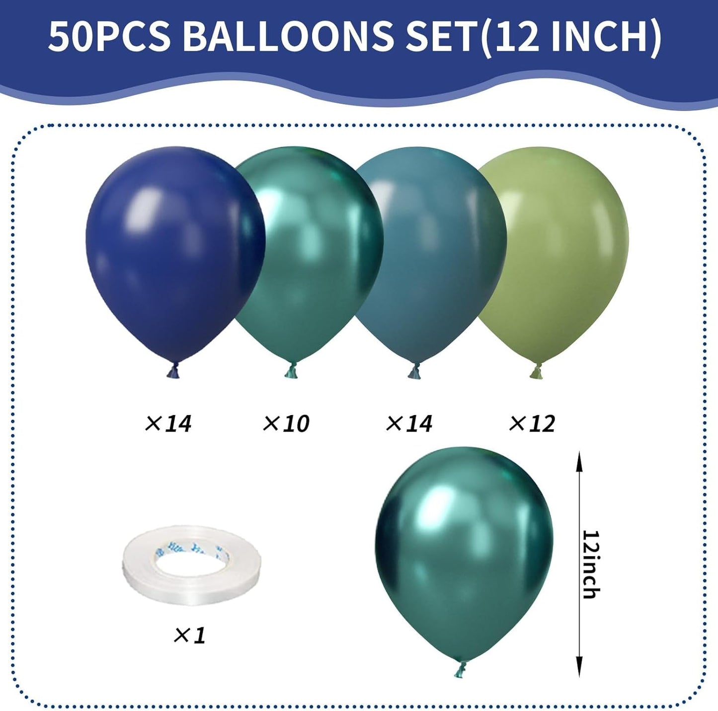 Blue and Green Balloons, 50Pcs 12 Inches Dark Green Navy Blue Metallic Dinosaur Birthday Balloons for Boys Dinosaur Birthday Party Hunting Baby Shower Wedding Graduation Decorations