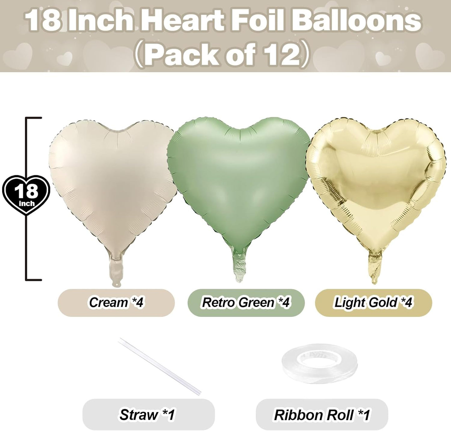 Sage Green Gold Heart Balloons, 12PCS Green Gold Heart Shaped Foil Balloons, 18Inch Green Cream White Heart Helium Foil Balloon for Jungle Woodland Birthday Wedding Baby Shower Party Decoraion