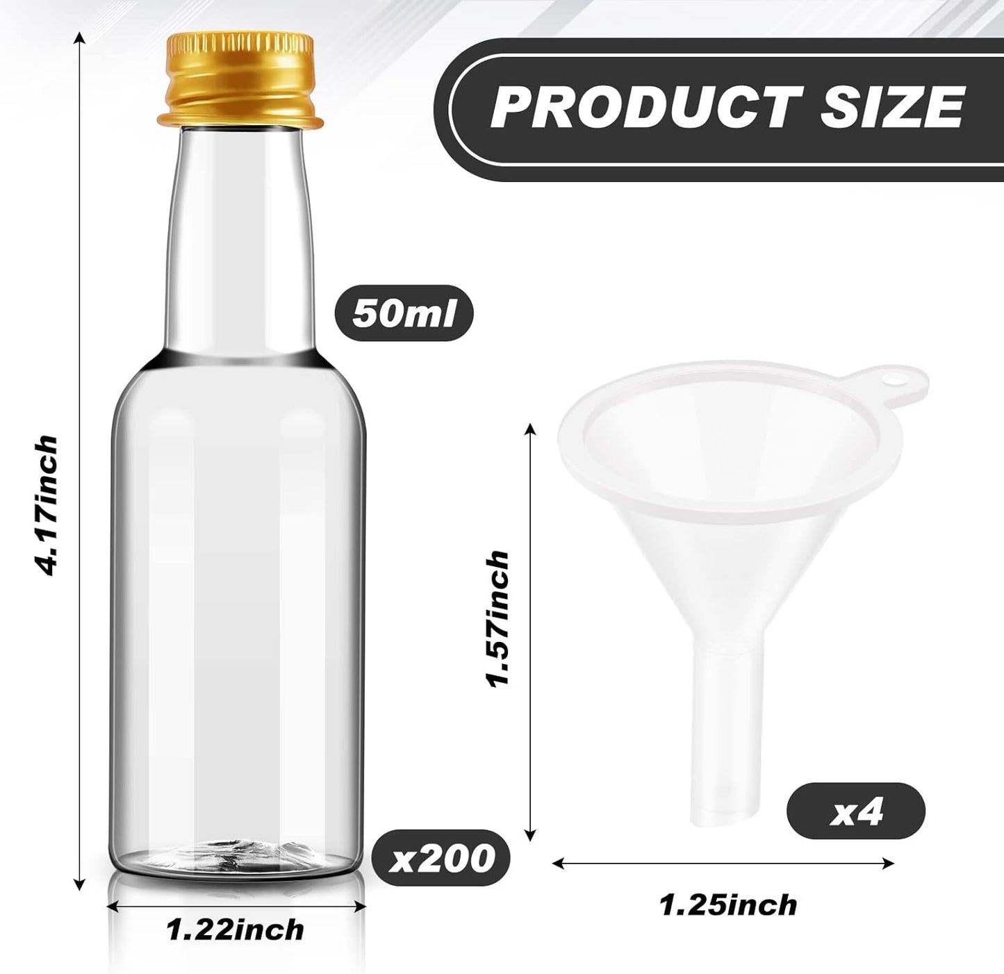 Zubebe 200 Pcs Mini Liquor Bottles 1.7 oz Plastic Empty Spirit Bottle with Screw Cap Liquid Funnel Easy Pouring(Gold)